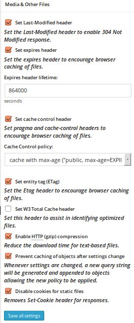 Screenshot from W3TC plugin Page Cache settings page. Media & Other files section: (checked) Set Last-Modified header, (checked) Set expires header, Expires header lifetime: 864000 seconds, (checked) Set cache control header, Cache control policy: 'cache with max-age...', (checked) Set entity tag (eTag), (not checked) Set W3 Total Cache header, (checked) Enable HTTP (gzip) compression, (checked) Prevent caching of objects after settings change, (checked) Disable cookies for static files.