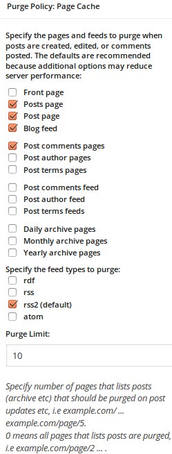 Screenshot from W3TC plugin Page Cache settings page, 'Purge Policy: Page Cache' section. Check the following boxes: Posts page, Post page, Blog feed, Post comments pages, rss2. Do not check all other boxes. Purge Limit: 10.